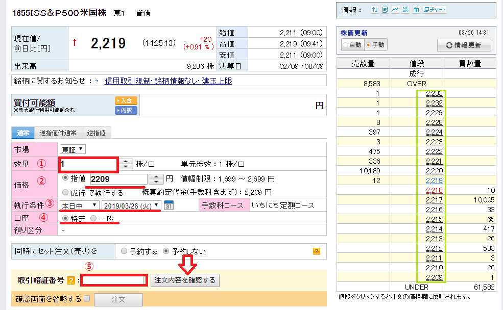 楽天証券でのETF注文内容の入力画像